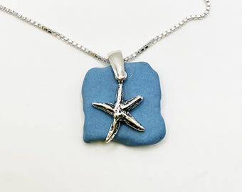 Wedgewood Blue Sea Pottery Necklace with Starfish Charm | Sea Glass Necklace | Beach Glass Necklace | Wedding Jewelry