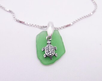 Sea Glass Necklace| Kelly Green Sea Glass Necklace With Turtle | Turtle Necklace | Graduation Gift