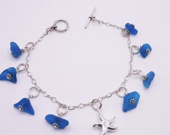 Sea Glass Bracelet - Turquoise Sea Glass and Starfish Dangle Bracelet