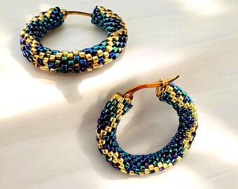 Rainbow Beaded Hoop Earrings: Handmade Japanese Delica Beads, Gold Accents