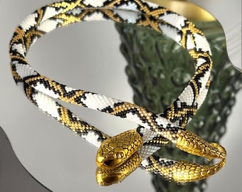 Collier serpent fait main en perles Miyuki : bijoux serpent blancs et dorés