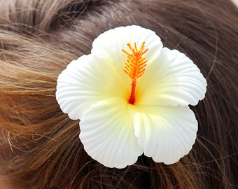 Hibiscus Flower Hair Clip, White with Yellow Center, Foam Flowers Made to Look Real