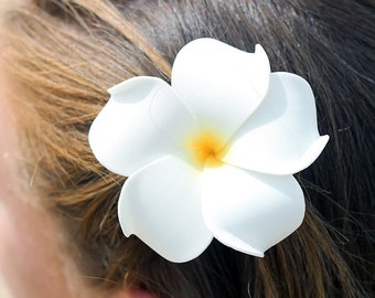 White Plumeria Hair Clip, White and Yellow, 3 inch, Bridal Hair Clip, Flower Girl