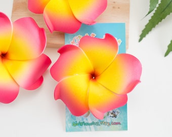 Pink Yellow Plumeria Hair Accessory, 3 inch Foam Flower, Gift For Surfers, Luau Party Hair Clips