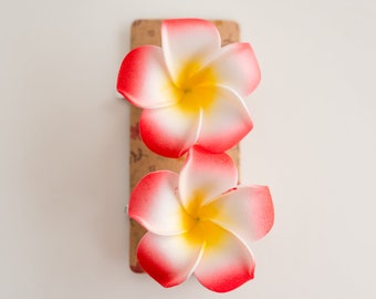 Pair of Small Plumeria Hair Clips, White with red tip, yellow center, Girls Hair Accessory