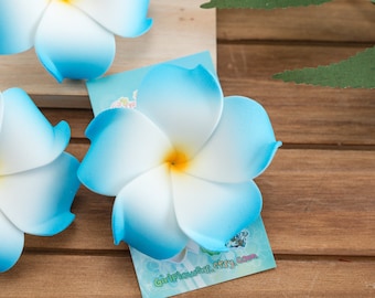 Beach Hair Accessory, Blue Plumeria Flower on Metal Alligator Clip