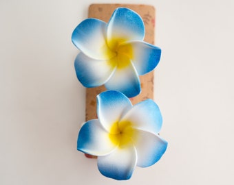 Pair of Blue Plumeria Hair Flowers, Metal alligator clips, Girls Hair Clips for the Beach