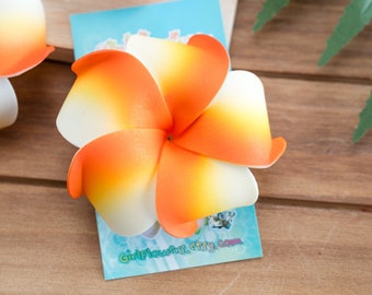 Girls Hair Flowers, Orange and White Plumeria made from Foam, 3 inch Diameter