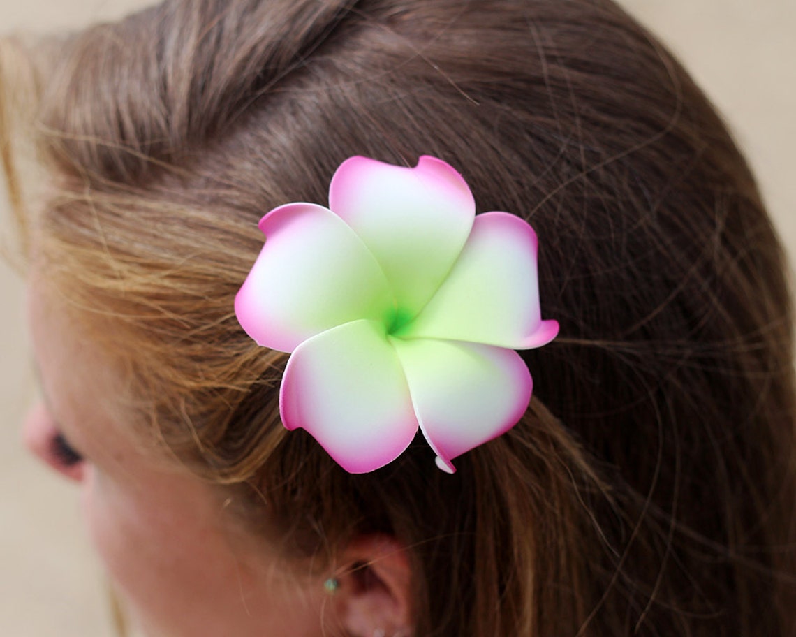 Plumeria Flower Hair Clip Pink and Green 3 Inch Floral Hair Etsy