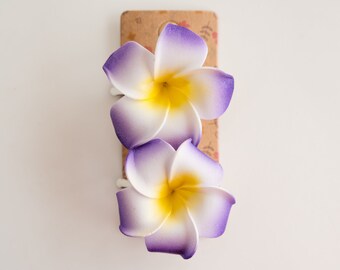 Set of Two  Plumeria Hair Pins, Artificial Foam Flowers attached to silver Alligator Hair Clips