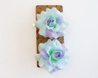 Blue Rose  Hair Clips, Fabric Flowers attached to Metal Alligator clips