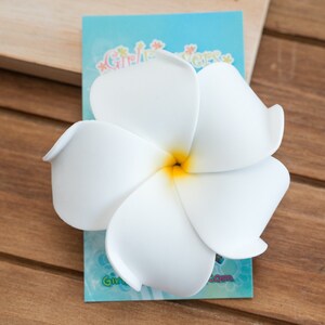 May include: White plumeria flower hair clip with a yellow center. The flower is on a blue background with the text "Give Aloha".