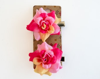 Set of Two Rose Hair Clips, Fabric Flowers on Silver metal Clips, Summer Hair Accessories