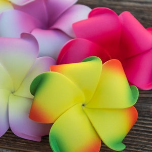 Pu&ograve; includere: Quattro fiori di frangipane artificiali in rosa, bianco, rosso e giallo con accenti verdi. I fiori sono disposti su una superficie di legno.