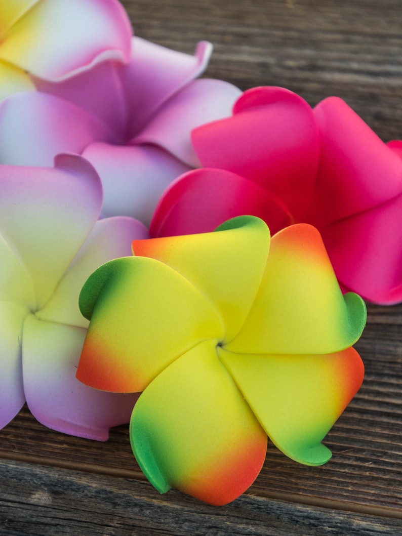 Pu&ograve; includere: Quattro fiori di frangipane artificiali in rosa, bianco, rosso e giallo con accenti verdi. I fiori sono disposti su una superficie di legno.