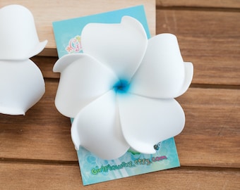 Flower Hair Clip, Hawaiian Hair Flower, White and Blue