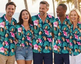 Custom Bachelor Birthday Party Hawaiian Shirt, Custom Group Shirt with Face Logo Photo, Personalized Button Down Hawaiian Shirts for Men