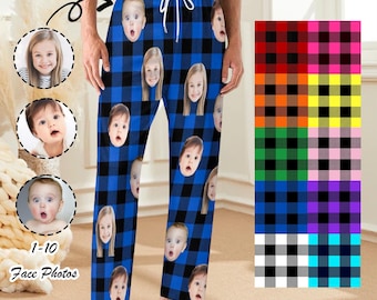 Custom Face Plaid Pajama Pants, Mens and Womens Sleepwear, Cat & Dog Face Pajamas, Kid Face Family Bottom,  Christmas Gift, Gift for Her/Him