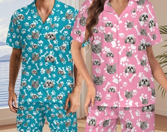 Personalized Funny Pajama Set, Women Men Short Sleeve, Custom Cat Dog Faces Your Photo Pet Lovers PJs, Birthday Anniversary Gift for Mom Dad