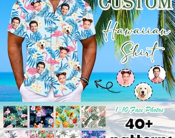 Hawaiiaans shirt custom gezicht, gepersonaliseerd grappig button-down Hawaiiaanse shirts voor mannen, tropisch strand shirts, vrijgezellenfeest Vaderdagcadeau