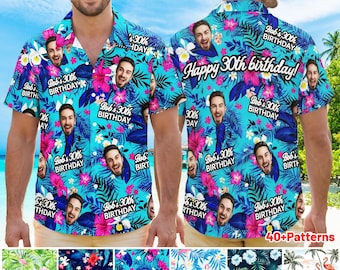 Camicia hawaiana personalizzata per il compleanno con testo raffigurante un volto, camicia hawaiana personalizzata per il compleanno con volto, camicie hawaiane con bottoni personalizzati per feste di compleanno