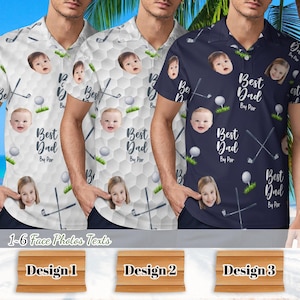 May include: Three short-sleeved golf shirts with a repeating pattern of golf clubs, golf balls, and faces. The shirts are white, white with a honeycomb pattern, and navy blue. Each shirt has the text "Best Dad By Par".