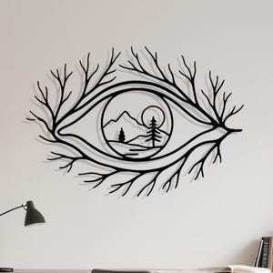 Decorazione murale in metallo con occhio di foresta / Occhio di ramo di albero con paesaggio montano / Decorazione murale moderna ispirata alla natura spirituale