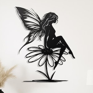 Fairy on Flower Metal Wall Art – Whimsical Fairy Silhouette Home Decor | Fantasy-Inspired Metal Sign for Bedroom or Nursery