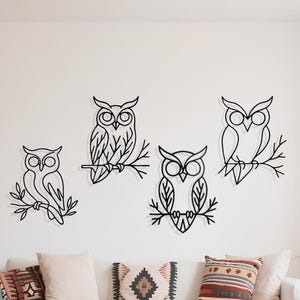 Set di decorazioni da parete in metallo con famiglia di gufi, decorazione da parete minimalista con gufi, regalo per amanti degli animali, decorazione da parete moderna con uccelli, regalo per la casa rustica, 4 pezzi di decorazioni da parete in metallo