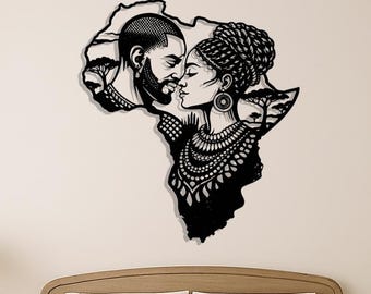 African Couple Metal Wall Decor, Romantic Tribal Silhouette, Map Art, Cultural Home Accent