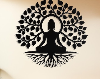 Meditation Tree Metal Wall Art - Spiritual Yoga Decor - Life Roots Mandala Zen Design