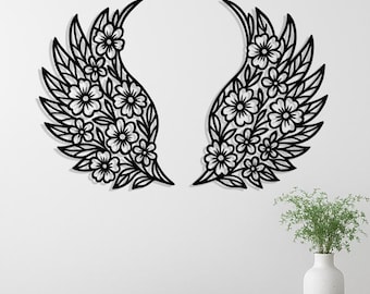 Florale Engelsflügel Metallwandkunst - schwarzes modernes Flügeldekor für Eingangsbereich