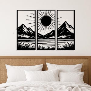 Sun and Mountain Metal Wall Decor Set of 3, Nature Modern Home Decor, Mountain Range Panels Modern Decor , Mountain Sun