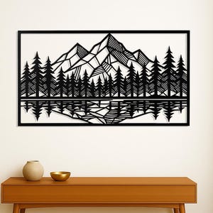 Parete in metallo con paesaggio geometrico, motivo: lago, foresta di montagna, per baite, lodge e arredamenti rustici, arredamento moderno per la casa.