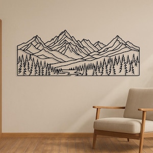 Decorazione da parete in metallo con foresta di montagna - Decorazione da parete con paesaggio naturale - Decorazione rustica per baita - Scultura da parete moderna in metallo nero, decorazione per soggiorno