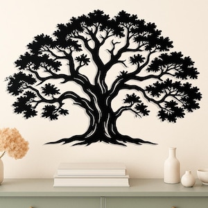 Decorazione murale in metallo Albero della vita - Grande decorazione murale nera ispirata alla natura per soggiorno o ingresso, arredamento rustico-moderno, cartello moderno con albero