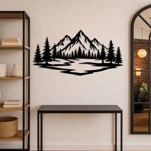 Art mural en métal en forme de forêt de montagne - Décoration murale paysage naturel - Sculpture murale de scène de rivière de style cabane rustique pour le salon ou l&#39;entrée