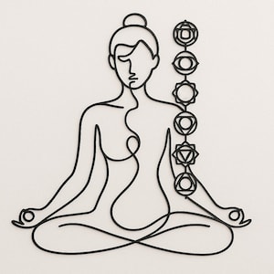 Könnte beinhalten: Linienzeichnung einer Person in einer Yoga-Pose mit sieben Chakra-Symbolen entlang der Wirbelsäule. Die Person sitzt im Lotussitz mit den Händen in Mudra.