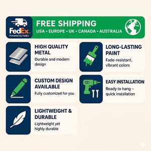 Pu&ograve; includere: Grafica con testo e icone che promuovono le caratteristiche del prodotto. Include banner "FREE SHIPPING", logo FedEx e icone per metallo di alta qualit&agrave;, design personalizzato, vernice a lunga durata, facile installazione e leggerezza.