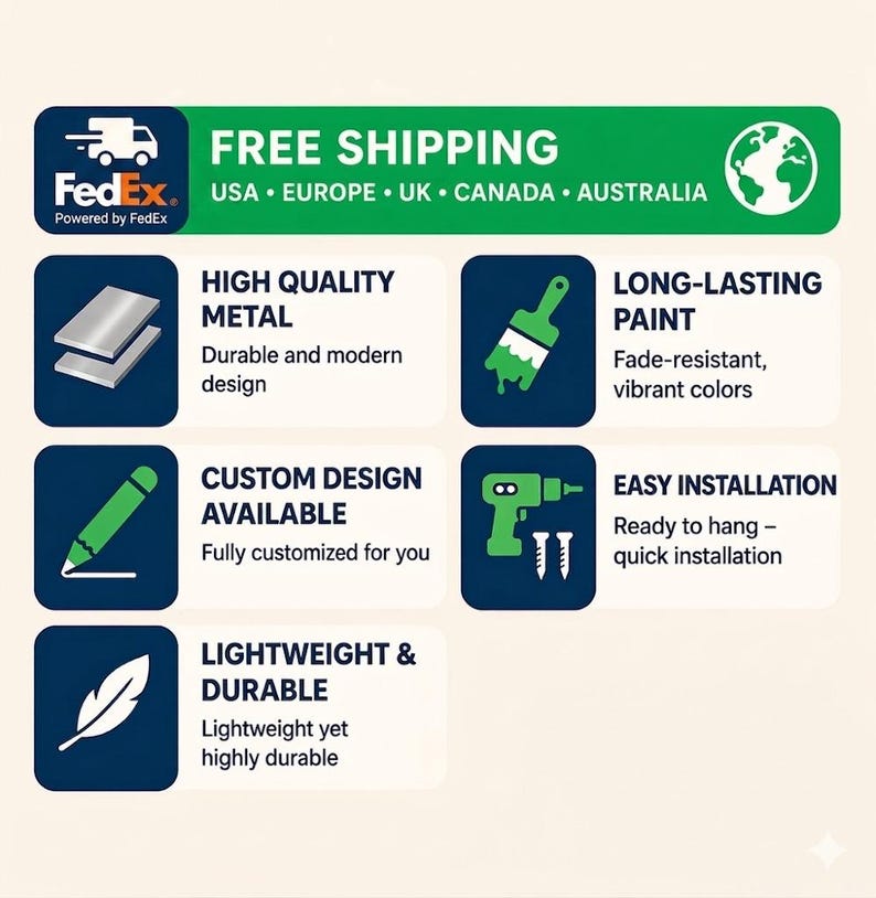 Pu&ograve; includere: Grafica con testo e icone che promuovono le caratteristiche del prodotto. Include banner "FREE SHIPPING", logo FedEx e icone per metallo di alta qualit&agrave;, design personalizzato, vernice a lunga durata, facile installazione e leggerezza.
