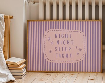Night Night Sleep Tight Print, Purple and Pink Wall Art, Bedroom Decor (Digital Download, Horizontal)