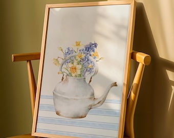 White Teapot With Flowers Print, Floral Art Print, Vintage Decor, Botanical Prints, Cottage Core Art, Cozy Decor, Digital Print