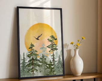 Sunset In The Forest Print, Nature Illustration, Sunset Wall Art, Landscape Art, Zen Decor, Nature Print, Soft Tones, Digital Print