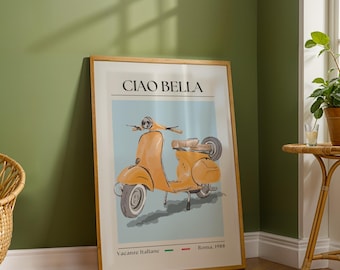 Ciao Bella Wall Art Print, Italian Poster, Scooter Illustration, Italian Vespa, Vintage Art, Retro Print, Home Decor, Digital Print