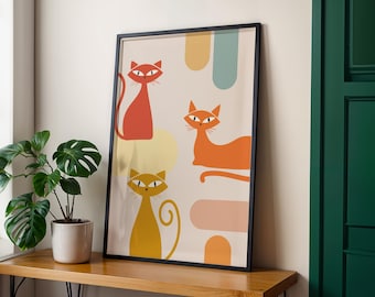 Cat Print, Mid Century Modern Art, Cat Poster, Colourful Print, Bright Wall Art, Aesthetic Retro Decor, Digital Print