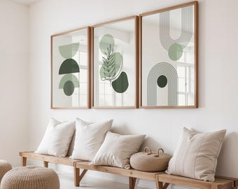 Sage Green Abstract Art Prints, Set of 3, Boho Home Decor (Digital Download)