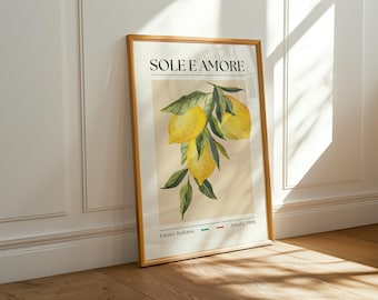 Lemons Art Print, Amalfi Poster, Sole e Amore Print, Travel Art, Italy Wall Art, Kitchen Decoration, Illustration, Home Decor, Digital Print