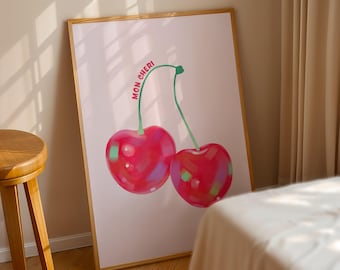 Pink Cherry Wall Art Print, Mon Cheri Quote, Cherry Illustration, Home Decor, Cafe Decor, Room Poster, Printable Wall Art, Digital Print