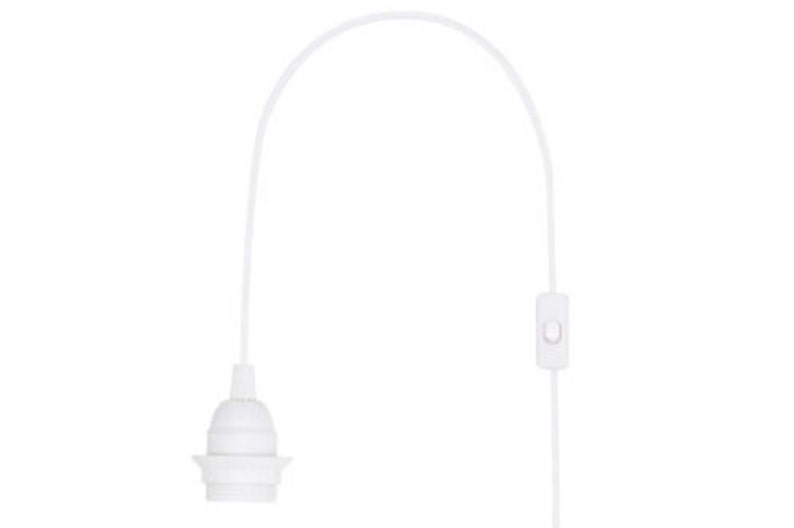 May include: White electrical cord with an inline on/off switch and a white lamp socket at the end.