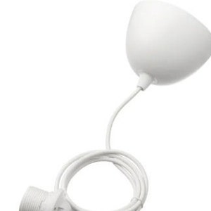 May include: White pendant light with a simple, rounded shade and a white cord.